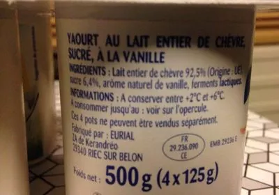 Lista de ingredientes del producto Yaourt Au Lait De Chevre Pâturages 500 g (4x125g)