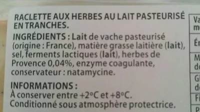 Lista de ingredientes del producto Raclette aux herbes de Provence Paturages 300g