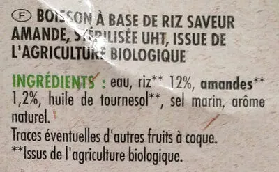 Lista de ingredientes del producto Boisson riz et amande Regain, Intermarché 1 L