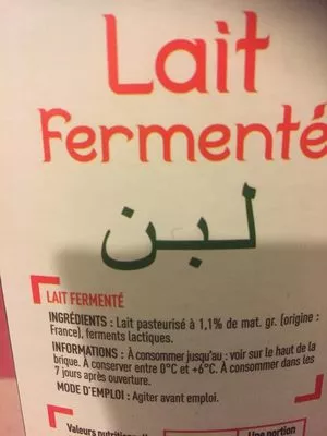 Lista de ingredientes del producto Lait fermenté Netto 1000 ml