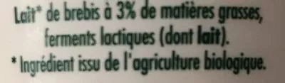 Lista de ingredientes del producto yaourt de brebis nature bio Pâturages, Intermarché 250 g (2 * 125 g)