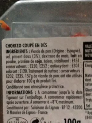 Lista de ingredientes del producto Dés de chorizo doux Itinéraire Des Saveurs 100 g