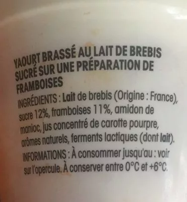 Lista de ingredientes del producto Yaourt pur brebis sur lit de framboise Pâturages 