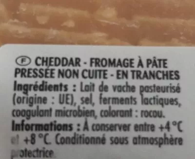 Lista de ingredientes del producto Cheddar les tranchettes Paturages 200 g