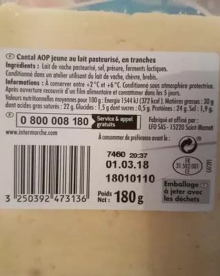 Lista de ingredientes del producto Cantal jeune Paturages 