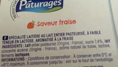 Lista de ingredientes del producto Yaourt sans lactose aromatisé à la fraise Pâturages 