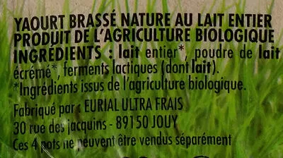 Lista de ingredientes del producto Yaourt brassé nature bio Pâturages, Intermarché, Eurial 500 g