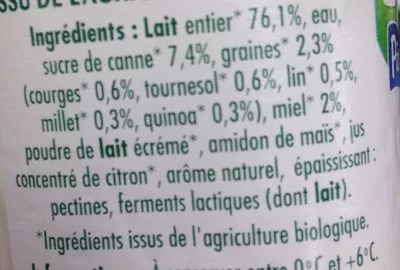 Lista de ingredientes del producto Yaourt brassé aux 5 graines et au miel Pâturages 