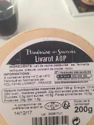 Lista de ingredientes del producto Livarot Itinéraire Des Saveurs 