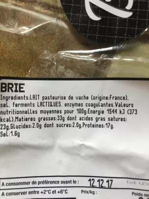 Lista de ingredientes del producto Brie pasteurisé Sans Marque, Intermarché, Fromapac 240 g