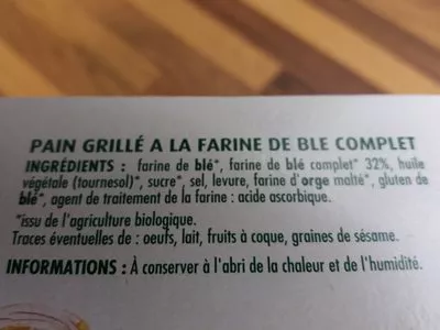 Lista de ingredientes del producto Pain grillé au blé complet Chabrior 250