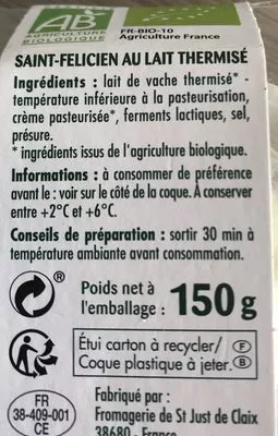 Lista de ingredientes del producto Saint félicien bio Paturages 150 g