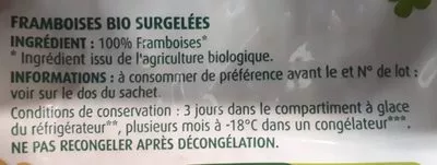 Lista de ingredientes del producto Framboises bio surgelées Adélie 