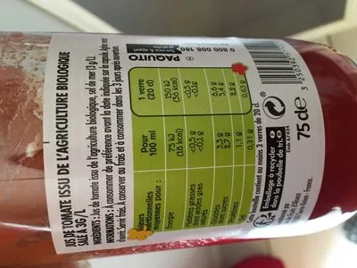 Lista de ingredientes del producto Jus de tomate salé à 3g/l Paquito 750 ml