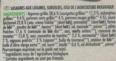 Lista de ingredientes del producto Bio lasagnes aux légumes Monique Ranou 500 g