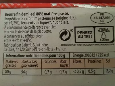 Lista de ingredientes del producto Beurre moulé demi-sel  