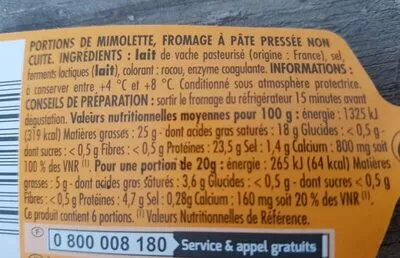 Lista de ingredientes del producto Mimolette à croquer Pâturages 120g (6x20g)