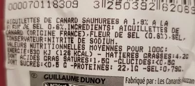 Lista de ingredientes del producto Aiguillettes de canard fleur de sel Guillaume Dunoy 