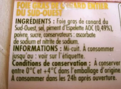 Lista de ingredientes del producto Foie gras canard du Sud-Ouest au piment d'Espelette Itinéraire des Saveurs 