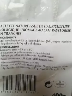 Lista de ingredientes del producto Raclette bio  