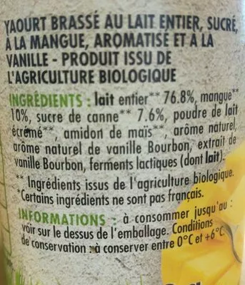 Lista de ingredientes del producto Yaourt brassé mangue vanille BIO Pâturages Bio, Pâturages 