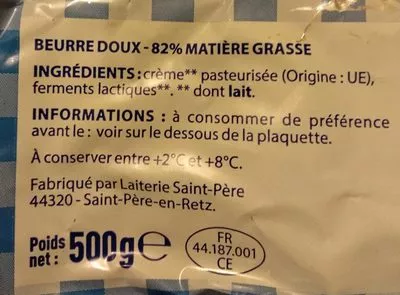 Lista de ingredientes del producto Beurre moulé doux Pâturages, Laiterie Saint-Père 500 g