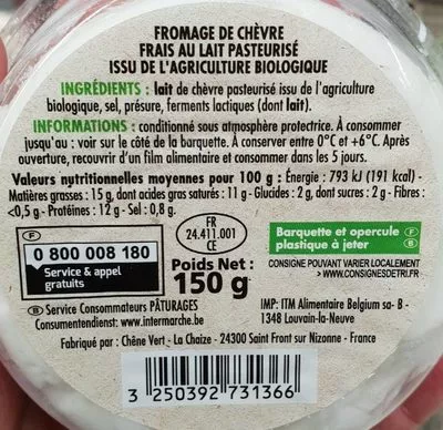 Lista de ingredientes del producto Petit chèvre frais Bio Paturages 150 g