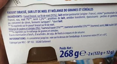 Lista de ingredientes del producto Yaourt a la grecque graines et cereales Paturages 268 g