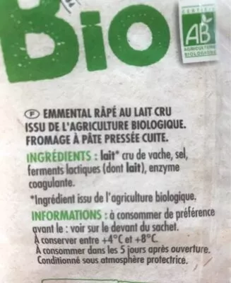 Lista de ingredientes del producto emmental râpé au lait cru bio Pâturages Bio Intermarché 