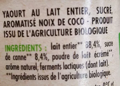 Lista de ingredientes del producto Yaourt bio Au lait entier saveur Coco Paturages, Paturages Bio 500 g