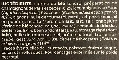 Lista de ingredientes del producto Demi-Lunes Champignons & Truffes Intermarché 250 g