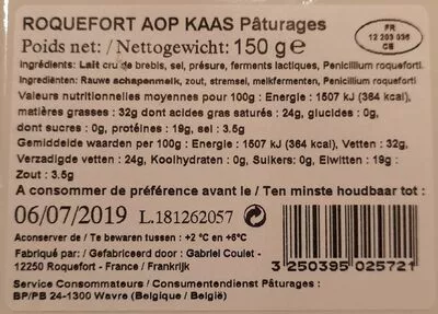 Lista de ingredientes del producto Roquefort AOP Producteur et commerçants Pâturages 150g