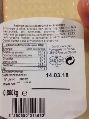 Lista de ingredientes del producto Raclette Grand Frais 800 g