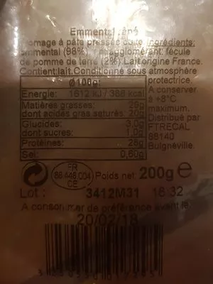 Lista de ingredientes del producto Emmental Râpé Marque Repère 