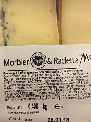 Lista de ingredientes del producto Morbier et Raclette Le Montagnon 