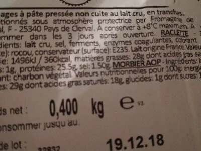 Lista de ingredientes del producto Morbier et raclette au lait cru  