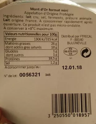 Lista de ingredientes del producto Mont d'Or au lait cru Vacherin Du Hauts-Doubs 