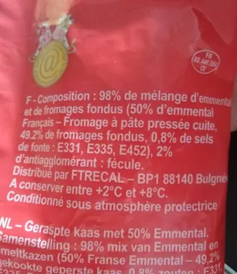 Lista de ingredientes del producto Fromage Râpé 50 % Emmental Plus de saveur Special Restauration 1 kg