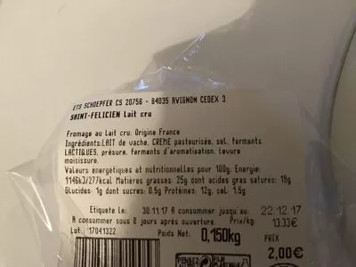 Lista de ingredientes del producto Saint Félicien au lait cru 25%mg produit fini Ets schoepfer 150 g