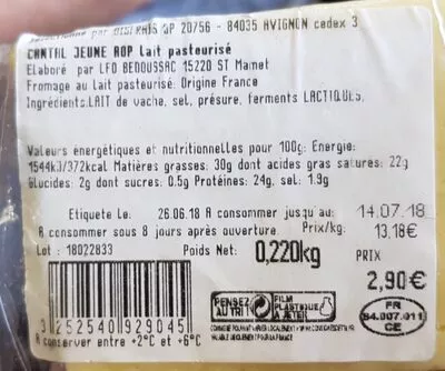 Lista de ingredientes del producto Cantal Jeune Rochebrune, 45%MG  