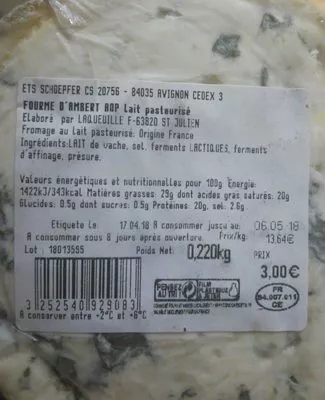 Lista de ingredientes del producto Fourme D'ambert Aop 220g Laqueuille 220 g