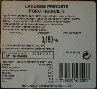 Lista de ingredientes del producto Lardons précuits porc Francilin  150 g