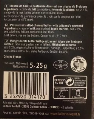 Lista de ingredientes del producto Beurre de Baratte Le Gall 5 * 25 g