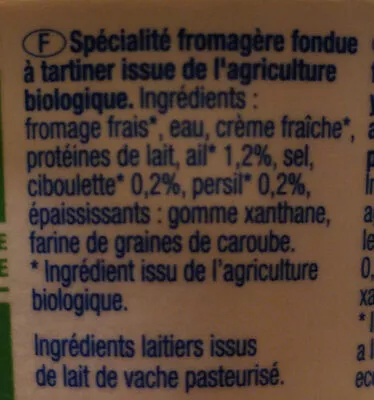 Lista de ingredientes del producto Fromage à la crème ail et fines herbes Grandeur nature 150g