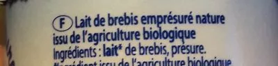 Lista de ingredientes del producto Caillé au lait de brebis Bio nature Grandeur Nature 250 g (2 * 125 g)