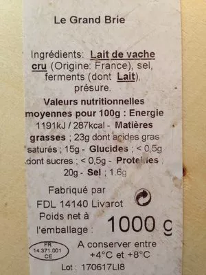 Lista de ingredientes del producto Le grand brie E. Graindorge, Lactalis 1 kg