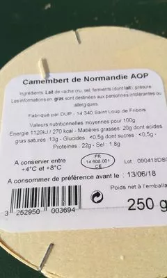 Lista de ingredientes del producto Camembert de Normandie aop E.Graindorge, Lactalis,  Graindorge 250g