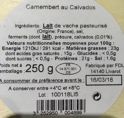 Lista de ingredientes del producto Camembert au Calvados E. Graindorge 250 g