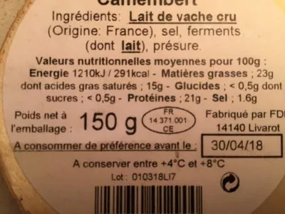 Lista de ingredientes del producto Petit Camembert Au lait cru Le Petit Camembert 