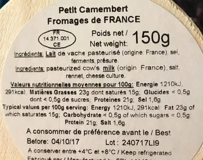 Lista de ingredientes del producto Camembert aeroport Fromage De France 150 g